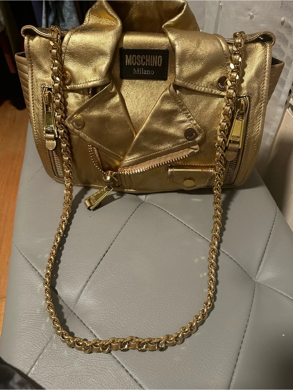Moschino Gold Moto Jacket Crossbody Bag